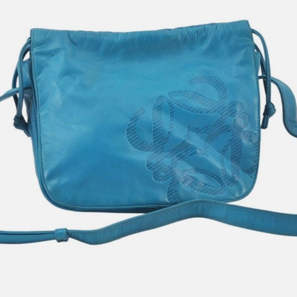 Authentic Blue LOEWE Anagram Vintage Shoulder Bag Purse Leather